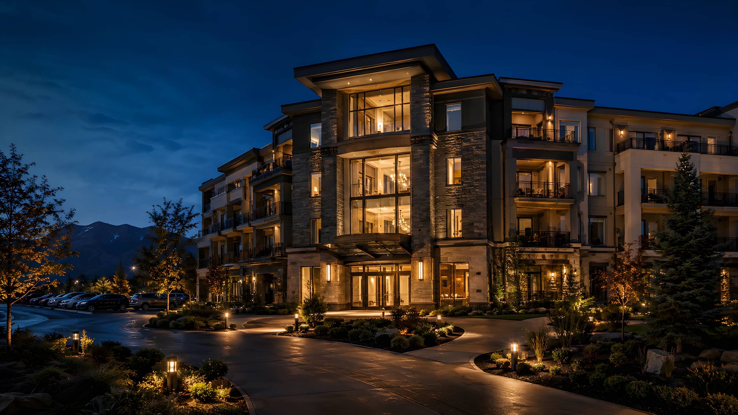 Modern multi-family apartment community at dusk with warm-lit balconies and a landscaped entry drive